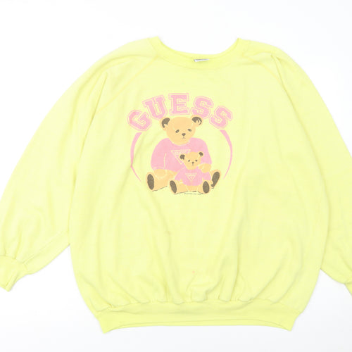 Guess Women Yellow Pullover Sweatshirt L Teddy Bear Graphic Vintage