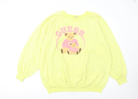Guess Women Yellow Pullover Sweatshirt L Teddy Bear Graphic Vintage