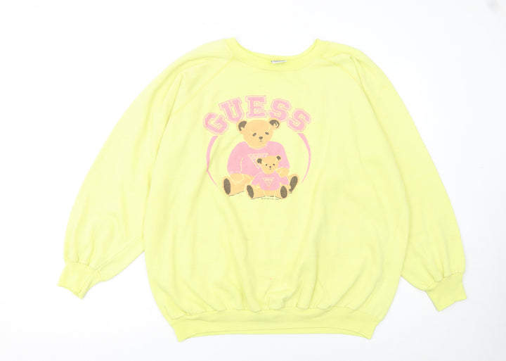 Guess Women Yellow Pullover Sweatshirt L Teddy Bear Graphic Vintage