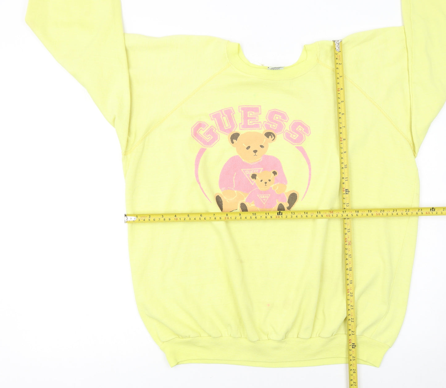 Guess Women Yellow Pullover Sweatshirt L Teddy Bear Graphic Vintage