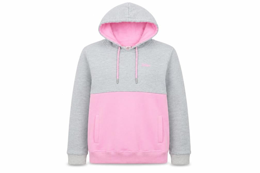 Front view of Lee Cooper Women Grey Pink Pullover Hoodie, size 12, Colourblock