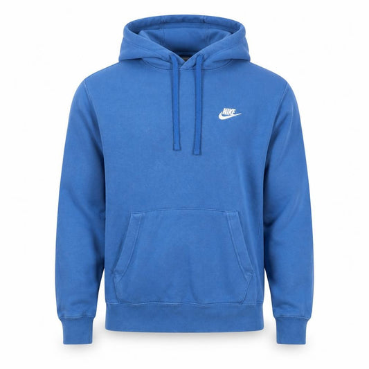 Front view of Nike Men's Blue Pullover Hoodie, size S, Regular Fit Logo Design