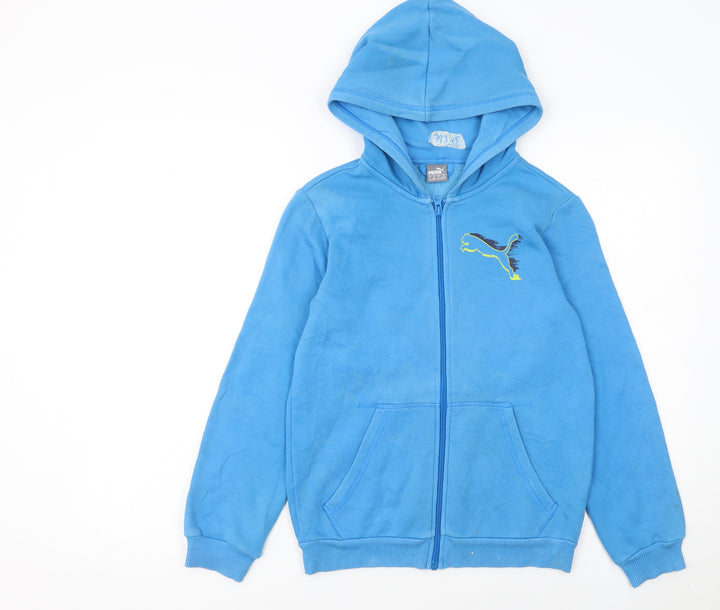 Puma Boys Blue Full Zip Hoodie Size 152 Fleece Logo Hooded Sweatshirt