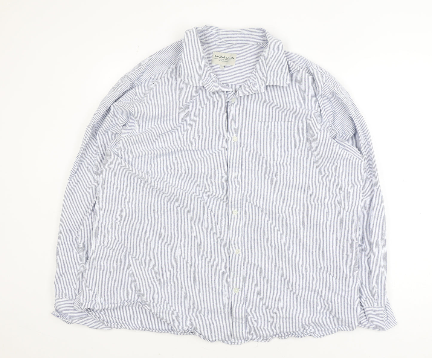 Racing Green Men's Blue Striped Cotton Long Sleeve Button-Up Shirt 2XL