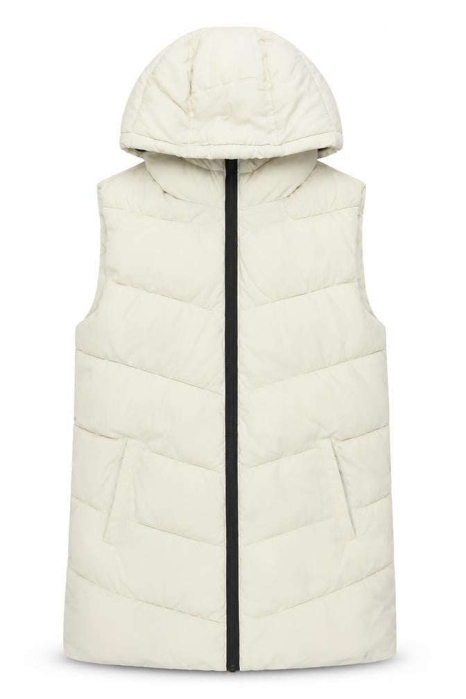 Front view of ADPT. Women's Ivory Long Puffer Hooded Waistcoat, size S