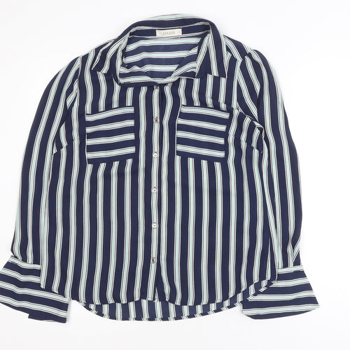 Oasis Women Blue Striped Long Sleeve Button-Up Shirt Size 14