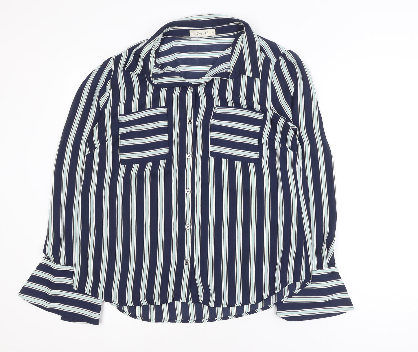Oasis Women Blue Striped Long Sleeve Button-Up Shirt Size 14