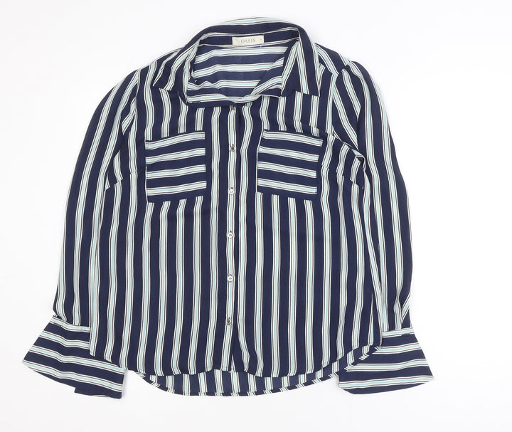 Oasis Women Blue Striped Long Sleeve Button-Up Shirt Size 14
