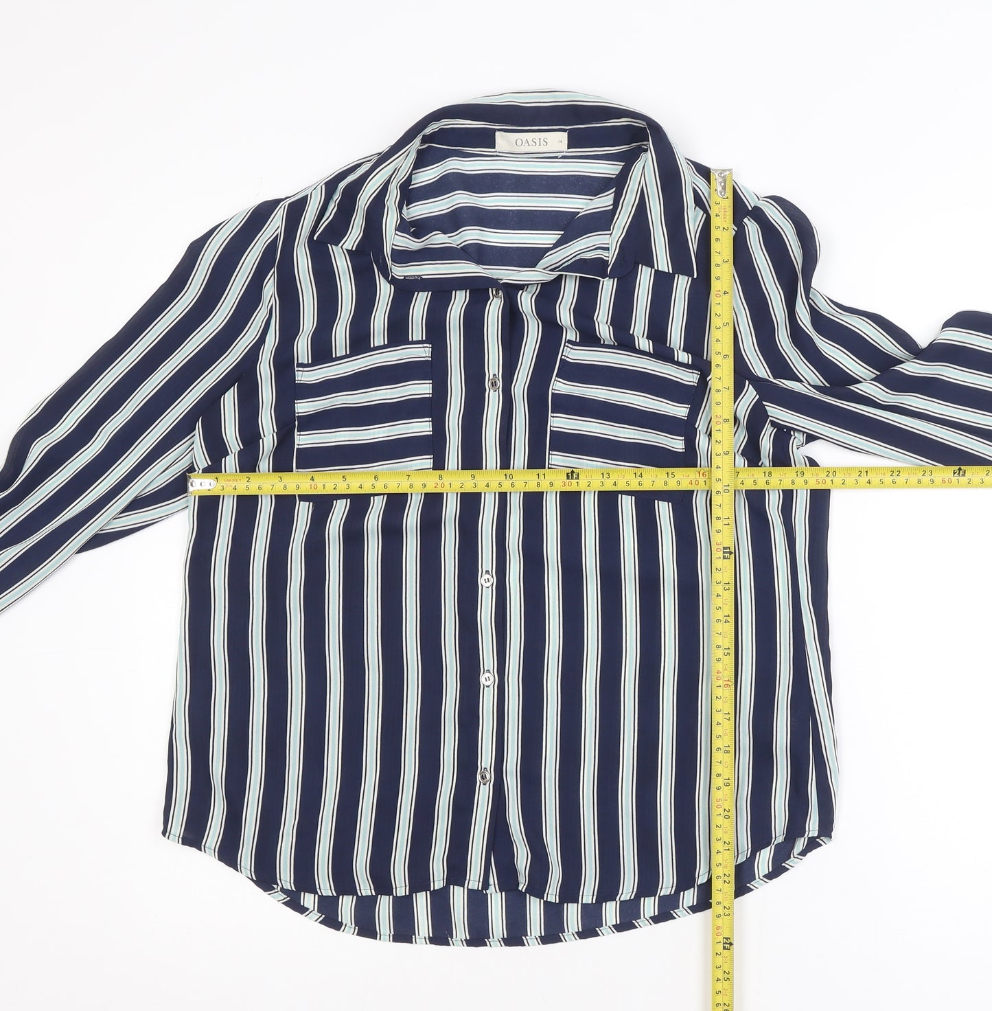 Oasis Women Blue Striped Long Sleeve Button-Up Shirt Size 14