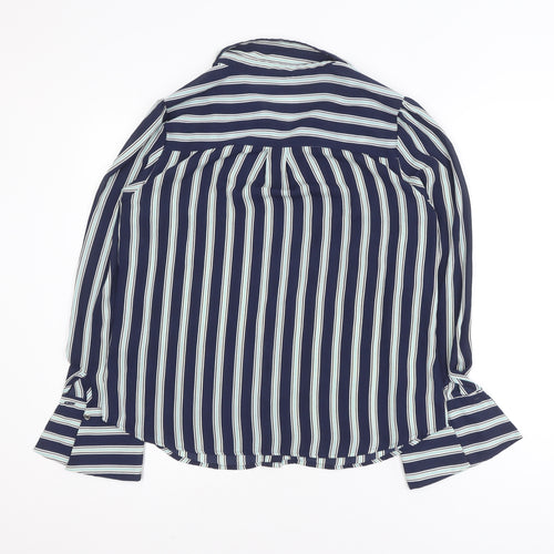 Oasis Women Blue Striped Long Sleeve Button-Up Shirt Size 14