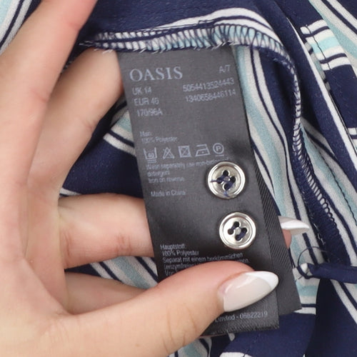 Oasis Women Blue Striped Long Sleeve Button-Up Shirt Size 14