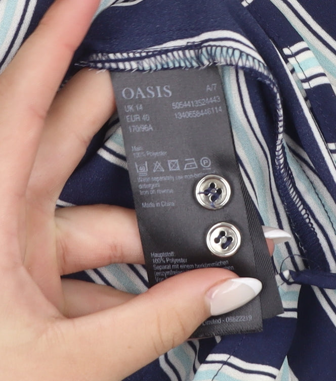 Oasis Women Blue Striped Long Sleeve Button-Up Shirt Size 14