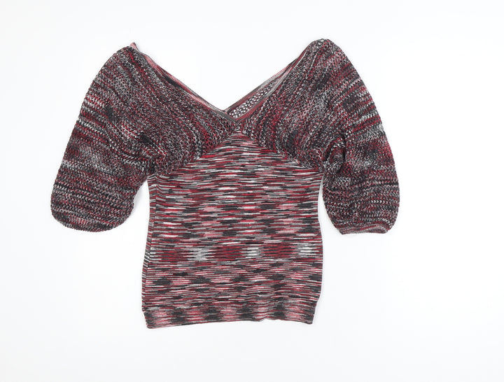 Windsor Womens Multicoloured L Cropped Knit V-Neck Puff Sleeve Blouse