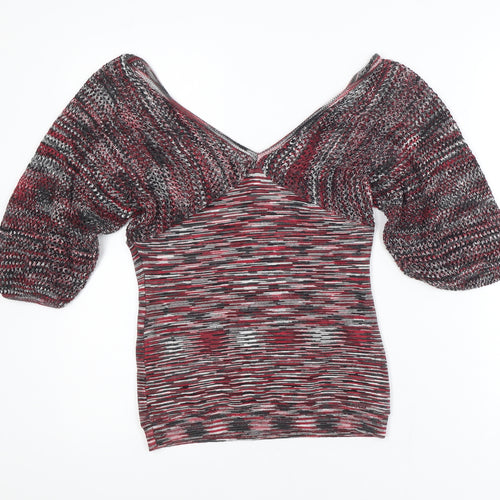 Windsor Womens Multicoloured L Cropped Knit V-Neck Puff Sleeve Blouse