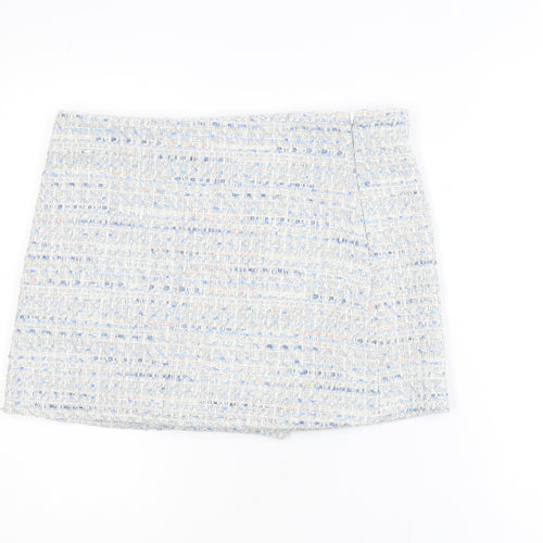 Zara Women Blue Tweed High Rise Skort Shorts L Bouclé