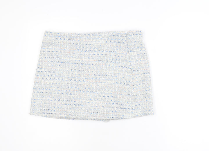 Zara Women Blue Tweed High Rise Skort Shorts L Bouclé