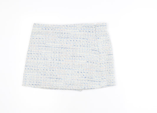 Zara Women Blue Tweed High Rise Skort Shorts L Bouclé