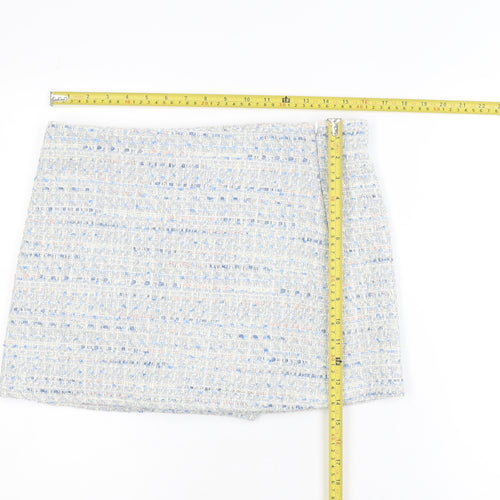Zara Women Blue Tweed High Rise Skort Shorts L Bouclé