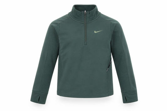 Front view of Nike boys’ green therma-fit pro 1/4 zip athletic jacket, size S, 128-137cm
