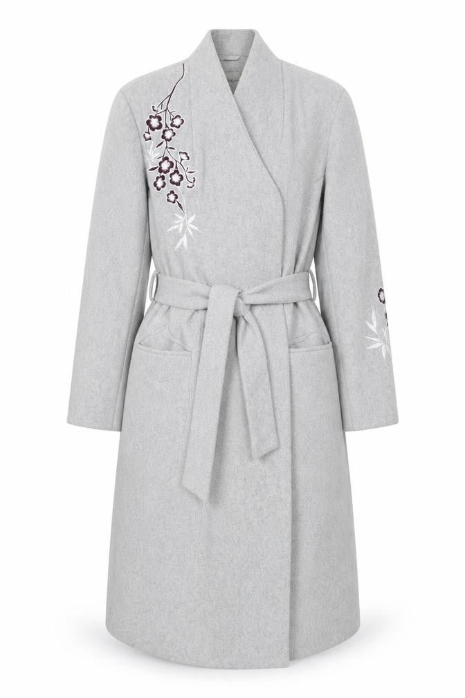 Anthology Women’s Grey Embroidered Belted Wool Blend Trench Coat Size 12