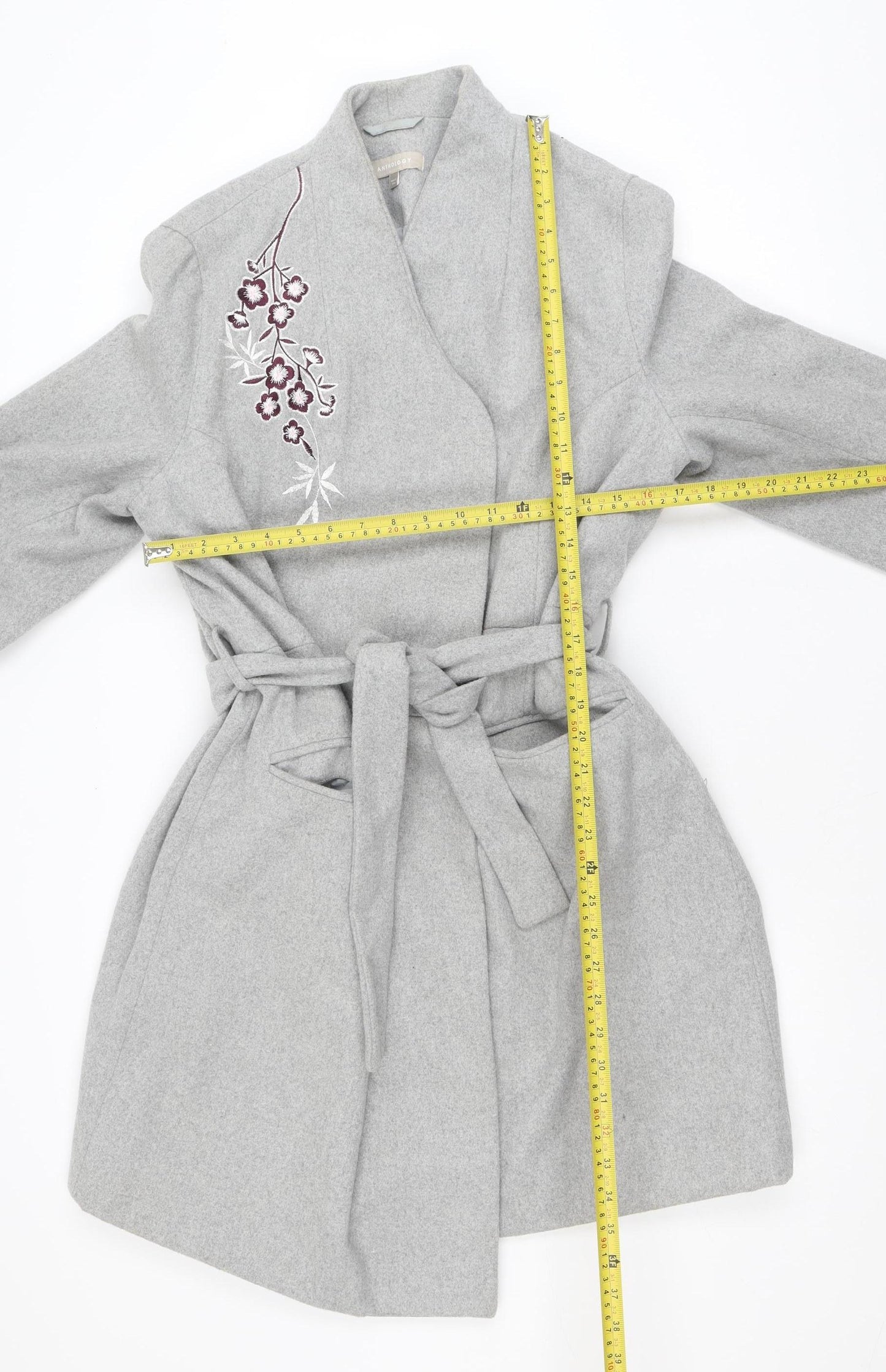 Anthology Women’s Grey Embroidered Belted Wool Blend Trench Coat Size 12