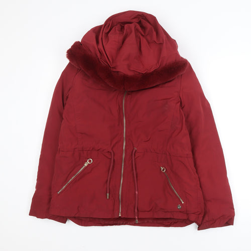 Quebramar Womens Red Hooded Parka Jacket XS Polyester Lined