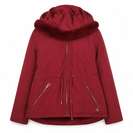 Front view of Quebramar women’s red hooded parka jacket xs polyester lined