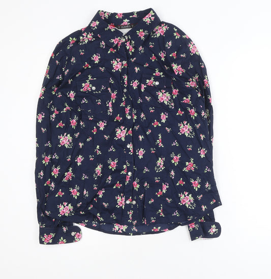 Dunnes Women Blue Floral Cotton Button-Up Shirt Size 14