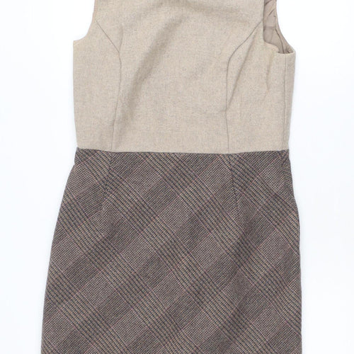 Hobbs Women Beige Wool Check Sheath Dress UK 12 Workwear