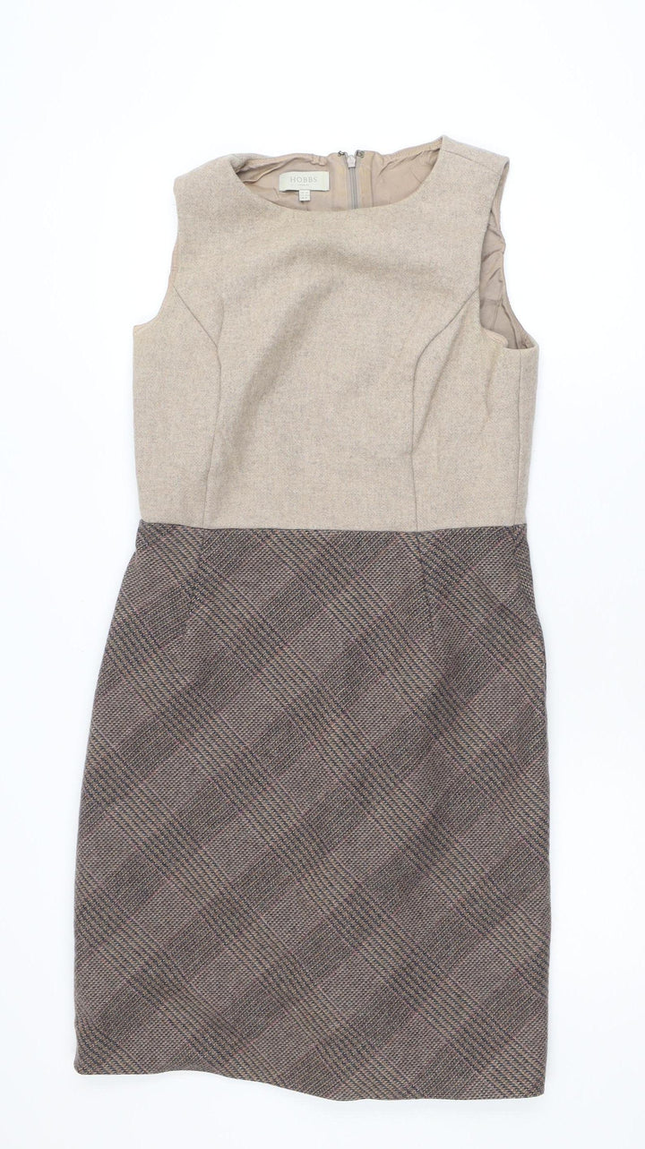 Hobbs Women Beige Wool Check Sheath Dress UK 12 Workwear