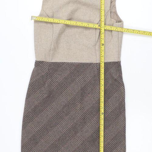 Hobbs Women Beige Wool Check Sheath Dress UK 12 Workwear