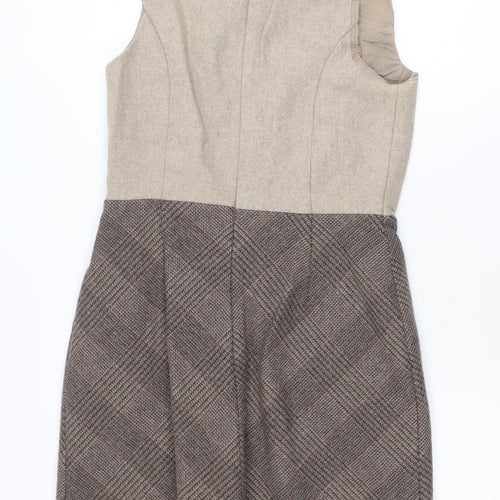 Hobbs Women Beige Wool Check Sheath Dress UK 12 Workwear