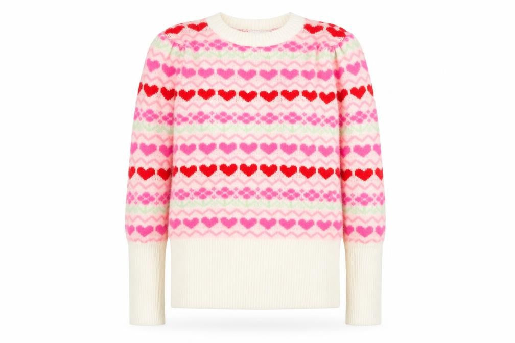 Front view of Savida women’s multicoloured heart knit crew neck jumper, size UK 10