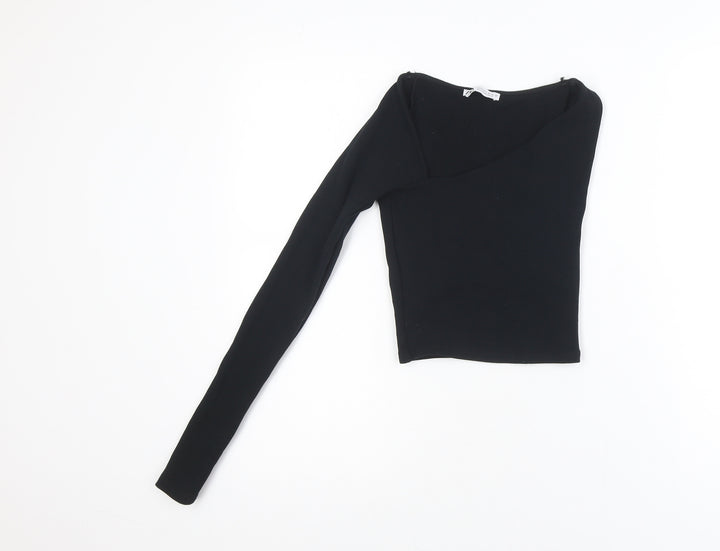 ZARA Women's Black One Shoulder Long Sleeve Cropped Top S
