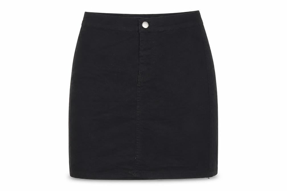 Front view of PRETTYLITTLETHING women’s black, size UK 6, straight denim mini skirt
