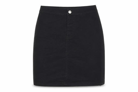 Front view of PRETTYLITTLETHING women’s black, size UK 6, straight denim mini skirt