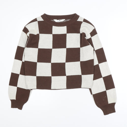 H&M Teens Brown & Beige Checkered Crew Neck Acrylic Jumper Size 12-14Y