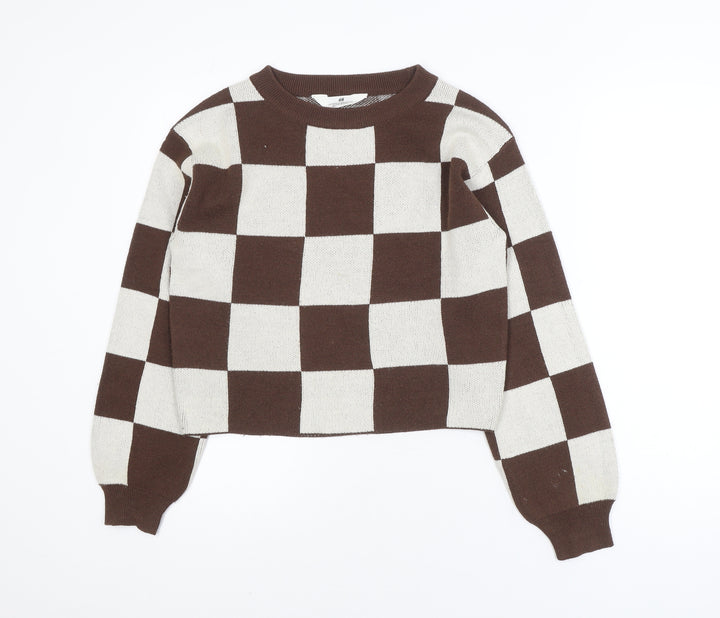 H&M Teens Brown & Beige Checkered Crew Neck Acrylic Jumper Size 12-14Y