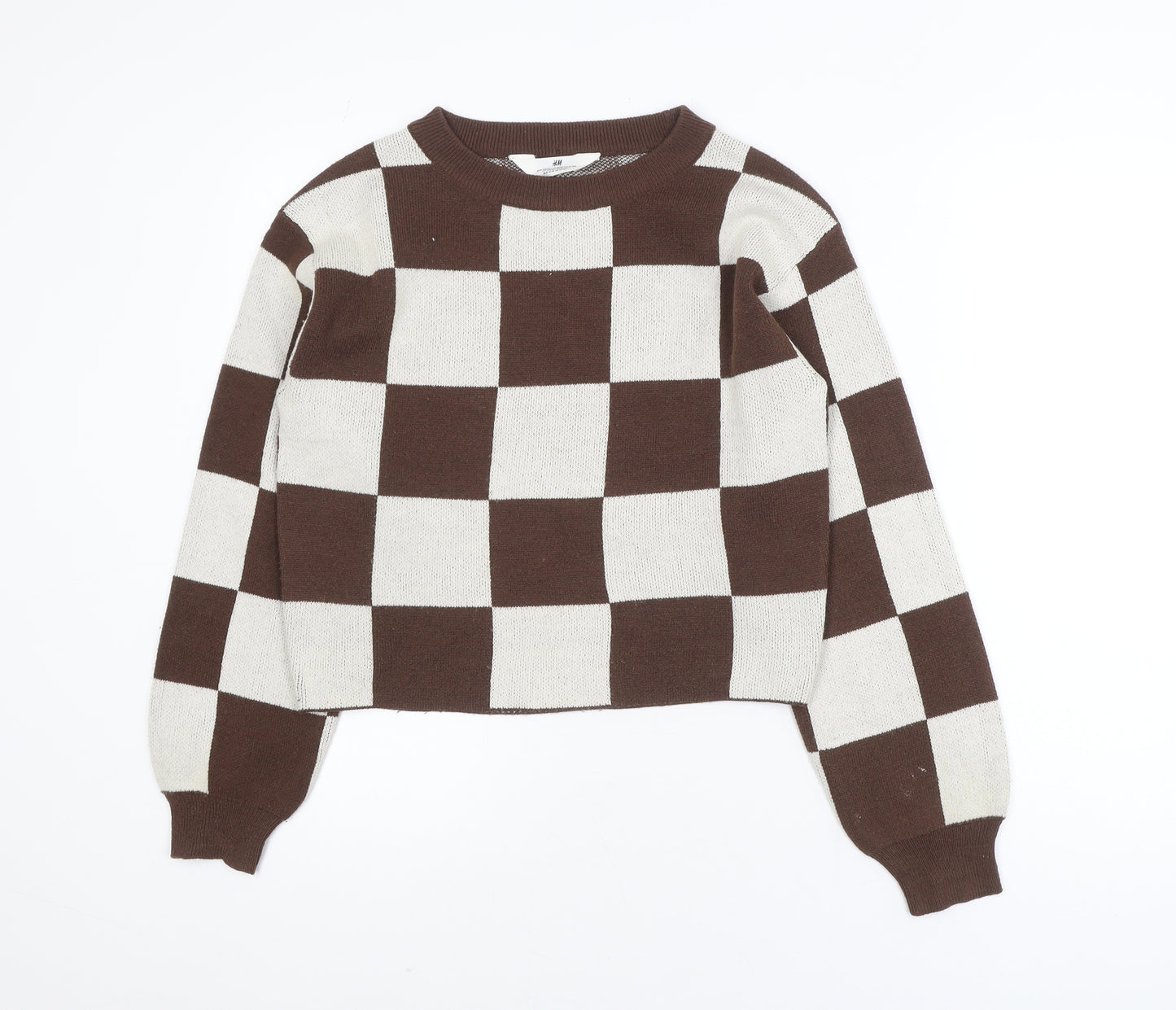 H&M Teens Brown & Beige Checkered Crew Neck Acrylic Jumper Size 12-14Y