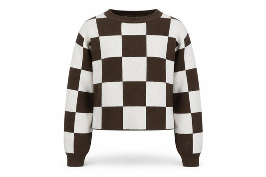 Front view of H&M Teens Brown & Beige Checkered Crew Neck Acrylic Jumper, size 12-14Y