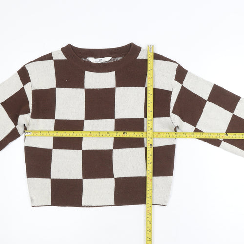 H&M Teens Brown & Beige Checkered Crew Neck Acrylic Jumper Size 12-14Y