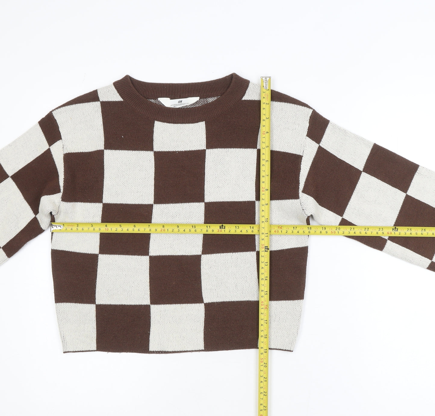 H&M Teens Brown & Beige Checkered Crew Neck Acrylic Jumper Size 12-14Y