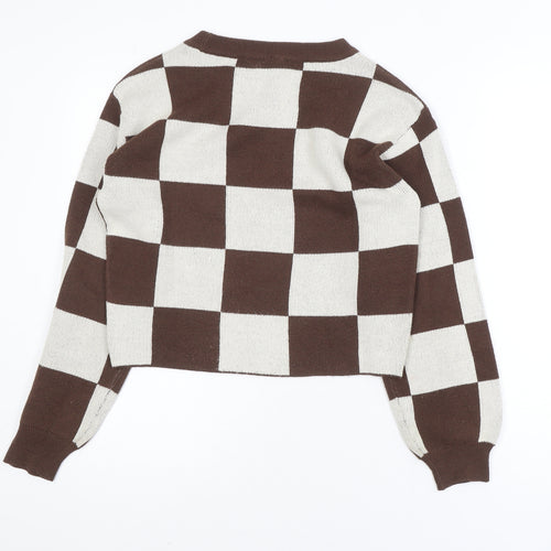 H&M Teens Brown & Beige Checkered Crew Neck Acrylic Jumper Size 12-14Y
