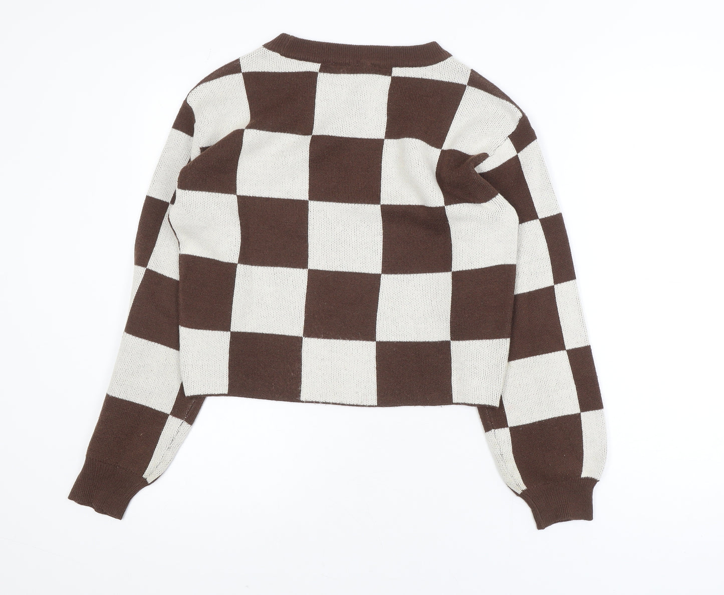 H&M Teens Brown & Beige Checkered Crew Neck Acrylic Jumper Size 12-14Y