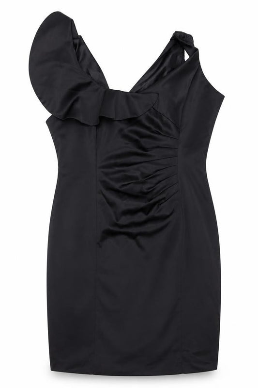 Front view of Debenhams women’s black plus, size UK 22, one shoulder bodycon dress