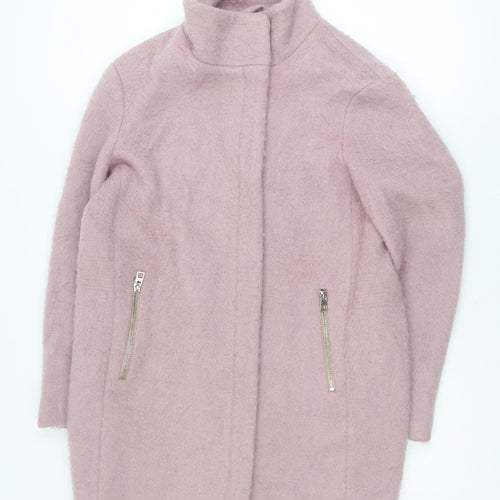H&M Women Pink Wool Blend Mid-Length Zip Overcoat Size 8