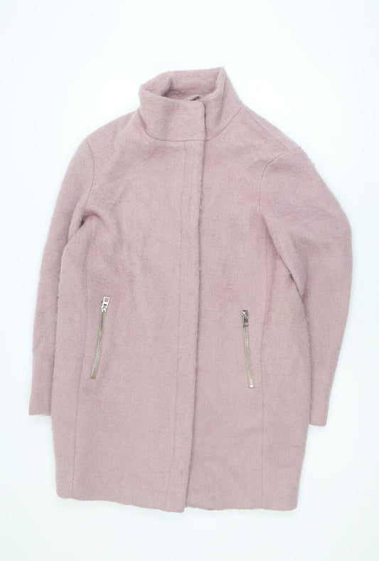H&M Women Pink Wool Blend Mid-Length Zip Overcoat Size 8