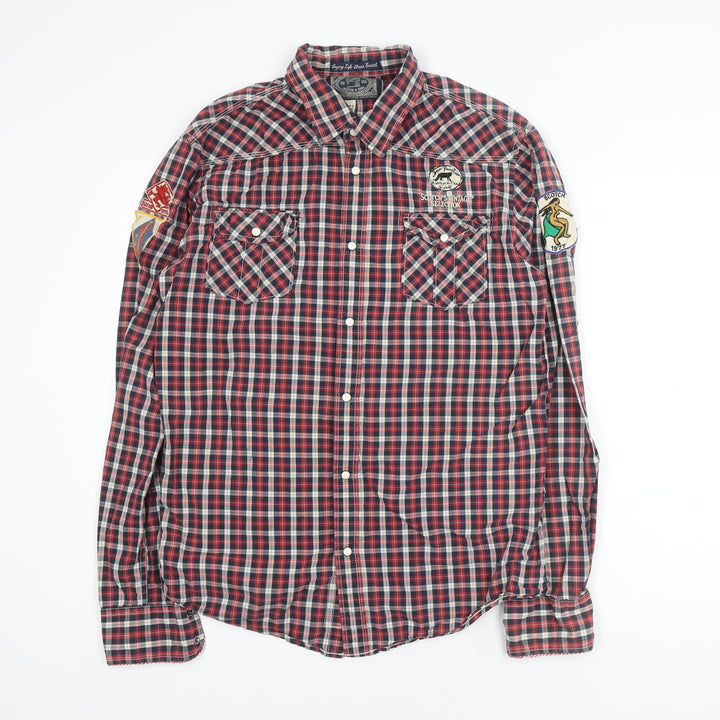 Scotch & Soda Men's Red Check Military Embroidered Button-Up Shirt XL