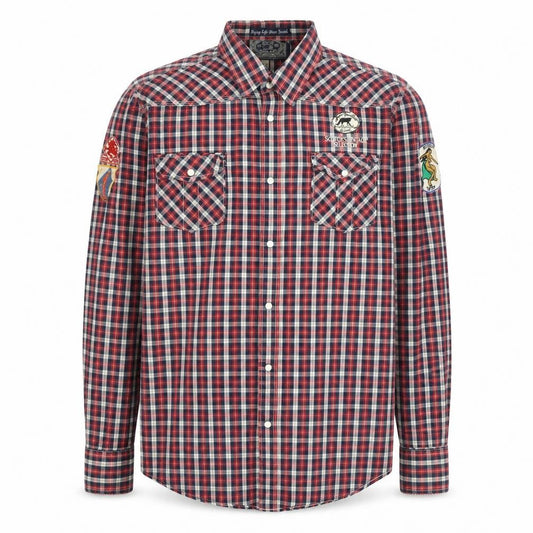 Front view of Scotch & Soda Men's Red Check Military Embroidered Button-Up Shirt XL