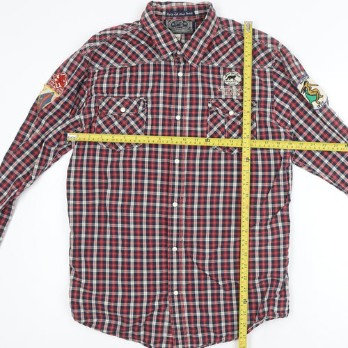 Scotch & Soda Men's Red Check Military Embroidered Button-Up Shirt XL